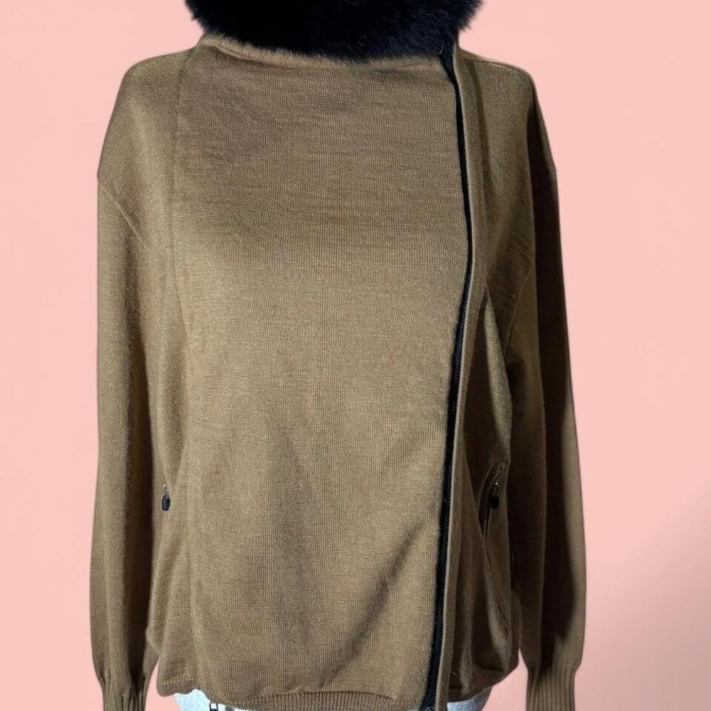 Jamie Sadock Women's faux Fur Trimmed Cardigan Sweater small Vintage zip up